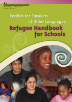 Refugee students with learning materials.