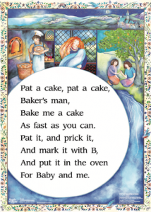 People making a cake and playing hand games.
