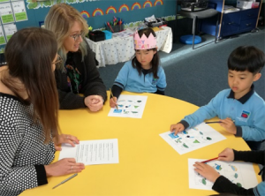 Chris (second from left) works with a class teacher on a skills flow activity.